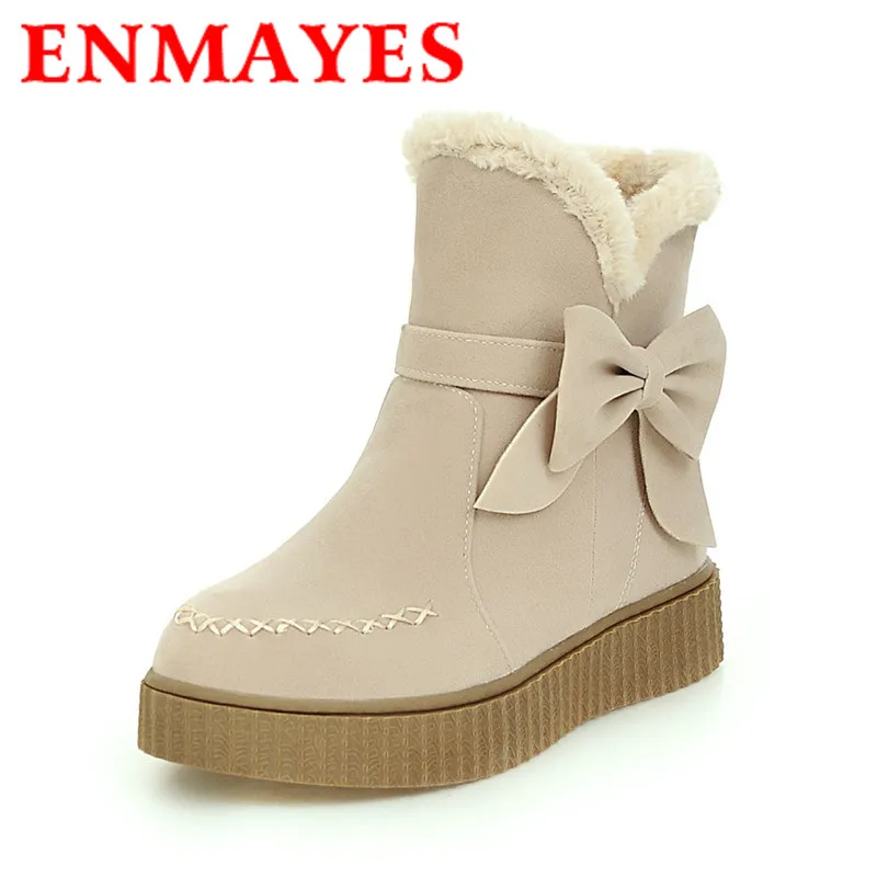 

ENMAYES New Fashion Winter Snow Boots for Women Slip-On Round Toe Wedges High Heels Bowtie Fashion Lady Shoes Large Size 34-43