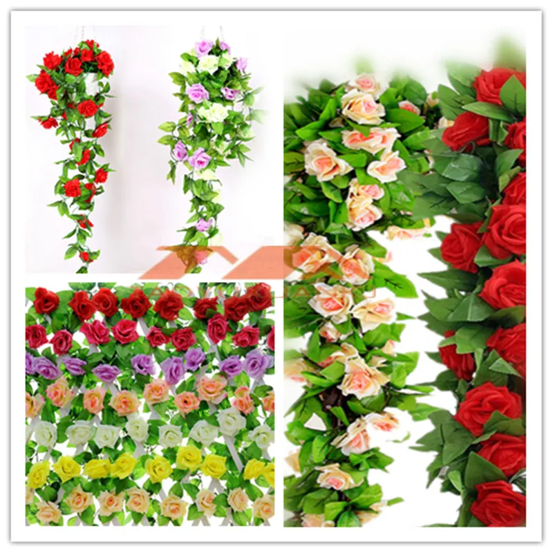 

250CM Silk Roses flowers Ivy Vine with Green Leaves For Home Wedding Decoration Fake leaf diy Hanging Garland Artificial Flowers