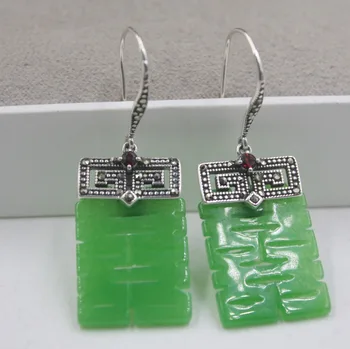 

Elegant Sterling S925 Silver Earrings Green Jade Double For Women Ladies Girl 42*17mm Dangle Earrings Hook 2018 Hot