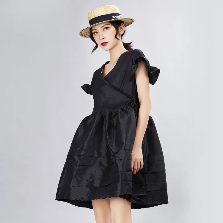 

Women Black Dress Summer Short Sleeve Ruffles Spliced Loose Casual Vintage Dress Female Streetwear Gothic Party Elegant Dresses