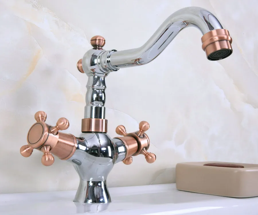 Polished Chrome Red Copper Brass Swivel Spout Double Cross Handles Kitchen/Bar Bathroom Sink Faucet Hot&Cold Mixer Tap anf904