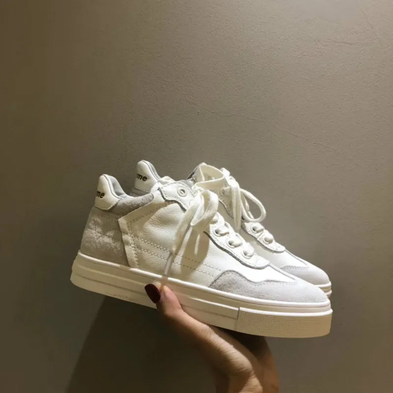 JINBEILEE High-top Sneakers Women's Leather Casual Belt Thick-soled Hip-hop Wild Basic Skateboard Shoes White Shoes Women