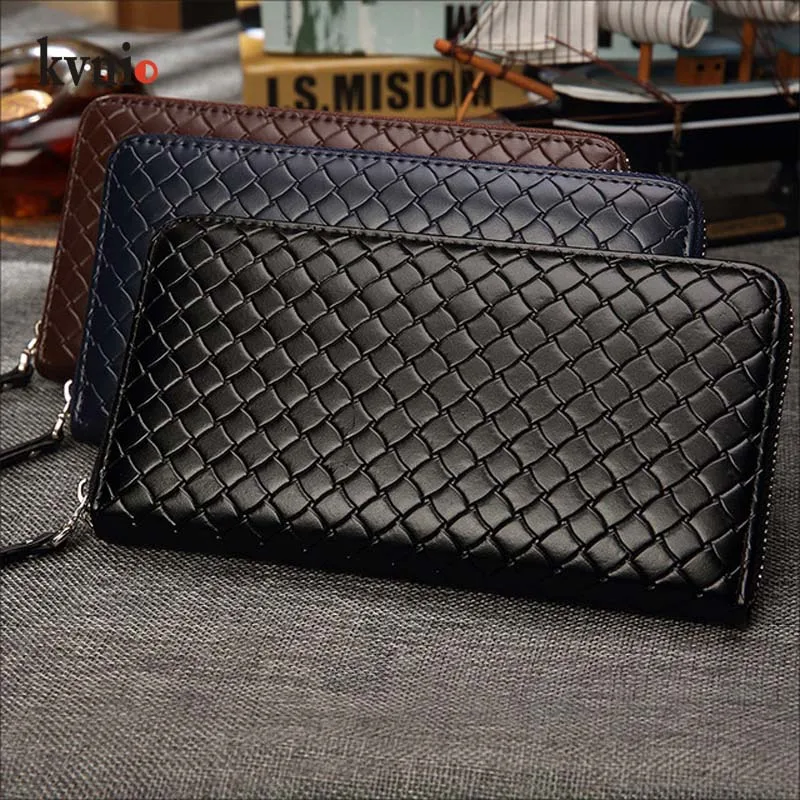 

KVNIO 2018 New Arrival Brand Cellphone Wallet Men High Quality PU Leather Male Wallet ID Card Zipper Woven Plaid Long Purse