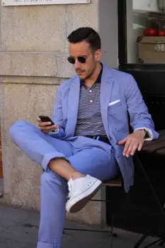 

2017 Latest Coat Pant Designs Light Blue Casual Beach Suit for Men Custom Made Suits Jacket Vacation 2 Pieces Tuxedo Terno S