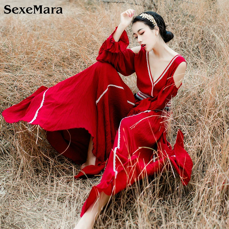 Sexemara/весна осень хлопок белье пляж Pantskirt v образным вырезом фонарь рукав женская