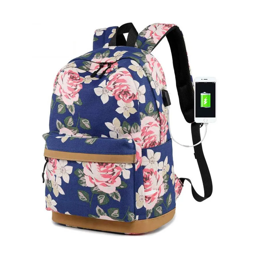 

Teens Backpack With USB Charging Port for Students Girl Canvas Flora Print Travel Backpack Female Laptop Casual College Backpack