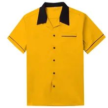 Camisas clásicas para hombre, camisas de manga corta con botones negros y amarillas, camisas Rockabilly para hombre, camisas de bolos occidentales