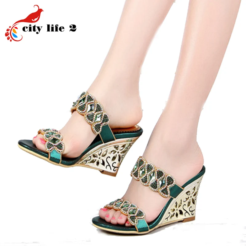 Rhinestone Leather Sandals Summer 2016 New Shoes font b Woman b font Rome High Heels Wedged