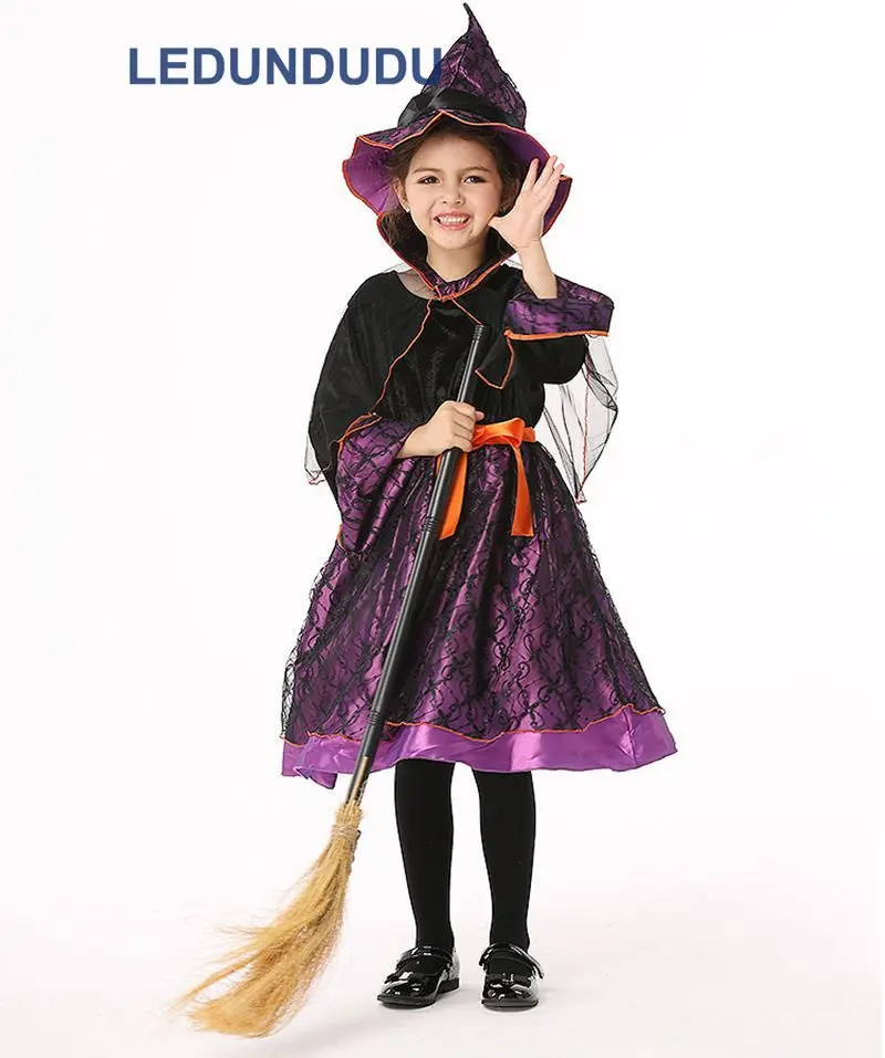 Kids Purple Witch Cosplay Costume with Hat Children Halloween Party Holiday Performance Clothes Girls Black Magic Witch Dress (16)