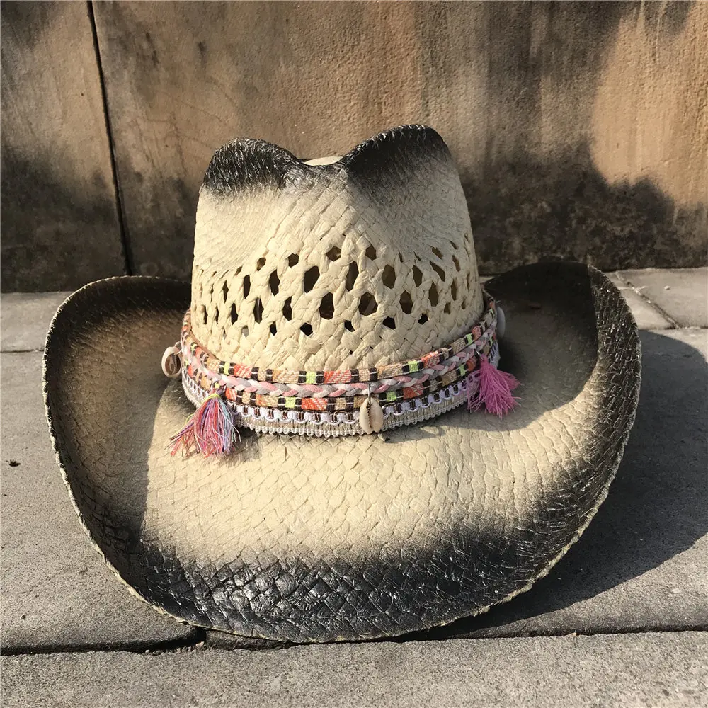 Женская открытая западная ковбойская шляпа летняя дамская шляпа Sombrero Hombre шляпа очарование кисточка Солнцезащитная шляпа