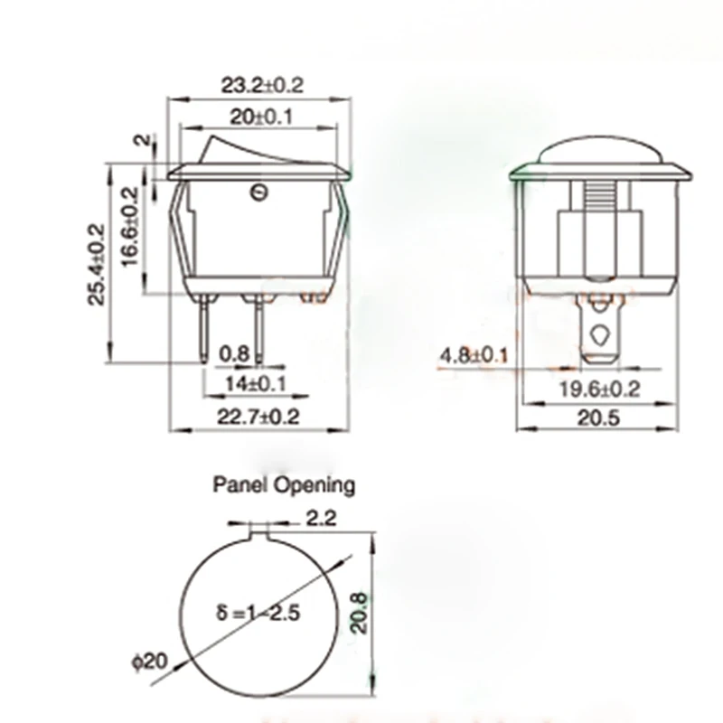 tipo dois pés, 100 peças, 6a250v, rocker, preto e branco, vermelho