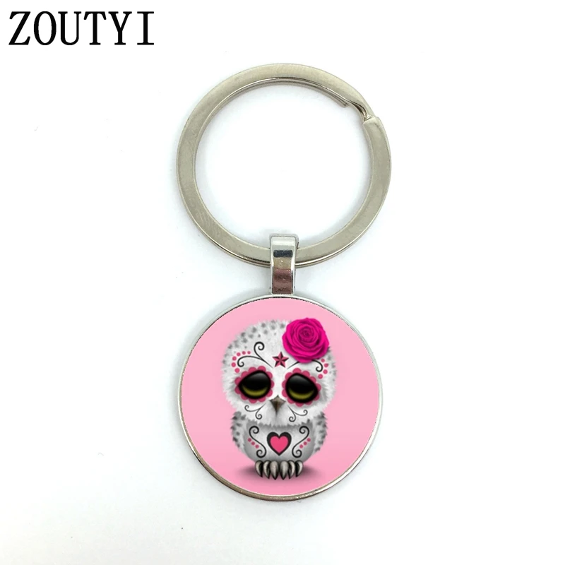 

New/Hot, Charm Sugar Skull Owl Photo, Men's and Women's Keychain Quality Car Key Pendant, Convex Glass Keychain.
