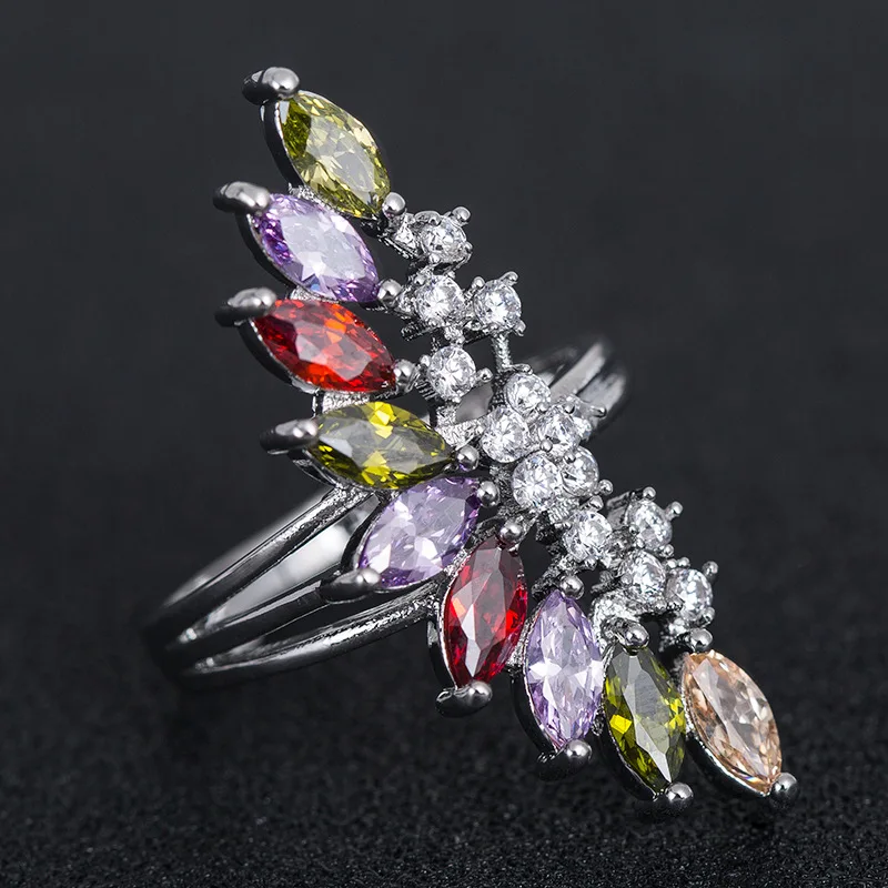 

Luxury 925 Sterling Silver Colourful Crystal Zirconia Rings With Wing Shape Finger Jewelry For Women Wedding Party Vintage Ring