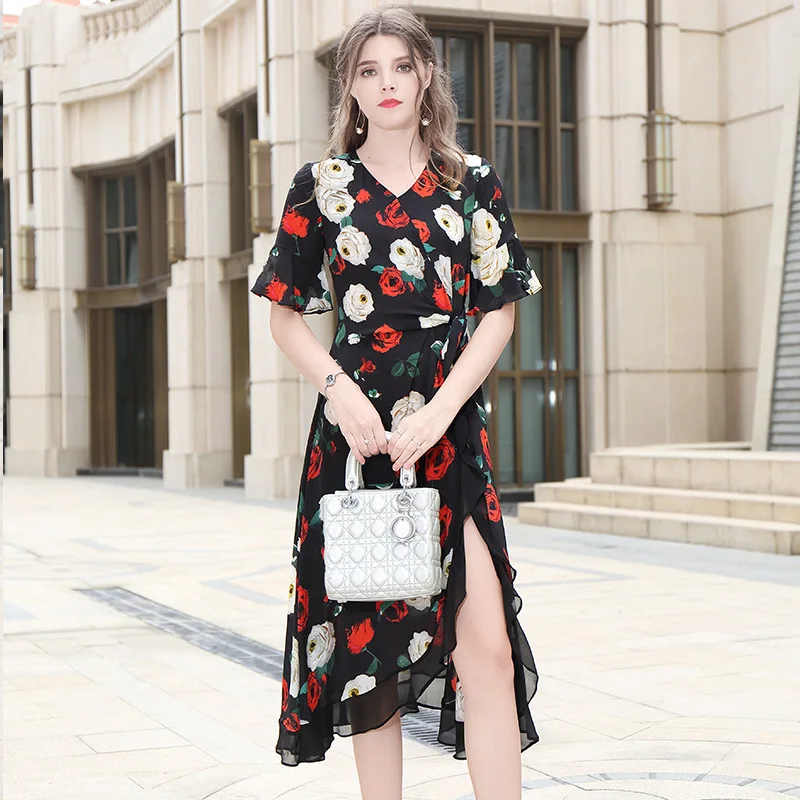 Zijden bloemen plus size zomer jurk vrouwen s sexy club retro beach boho jurken lange 2019 zwart met rose bloem slim fit riem Zijden bloemen plus size zomer jurk vrouwen s sexy club retro beach boho jurken lange 2019 zwart met rose bloem slim fit riem