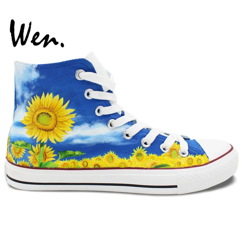 Prix pour Wen Design Original Personnalisé Peint À La Main Sneakers Bleu Ciel Nuage De Tournesol High Top Toile Chaussures Hommes Femmes de Cadeaux D'anniversaire Prix pour Wen Design Original Personnalisé Peint À La Main Sneakers Bleu Ciel Nuage De Tournesol High Top Toile Chaussures Hommes Femmes de Cadeaux D'anniversaire