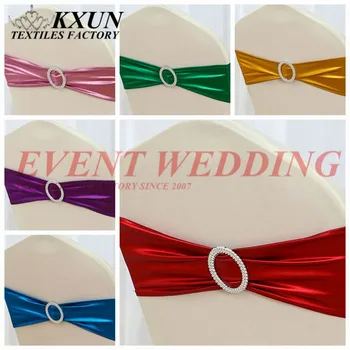 

Wholesale Price Metalic Bronzing Coated Lycra Chair Band Spandex Chair Cover Sash With Round Buckle Wedding Decoration