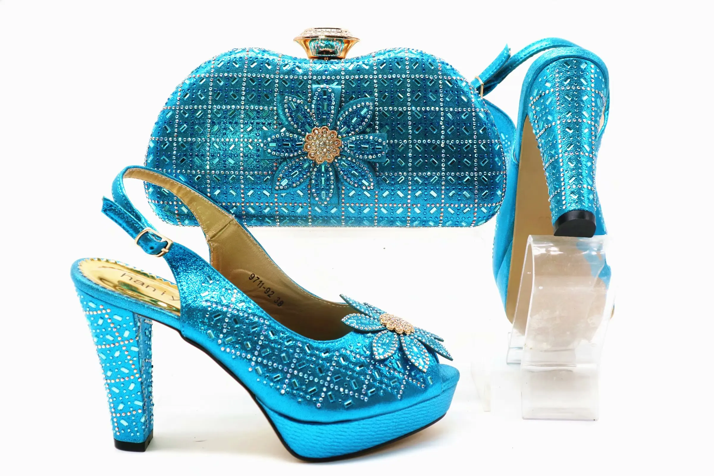 

Turquoise blue italian shoes and bag matching set with many stones in 2019 new african aso ebi party shoes and bag set SB8384-2