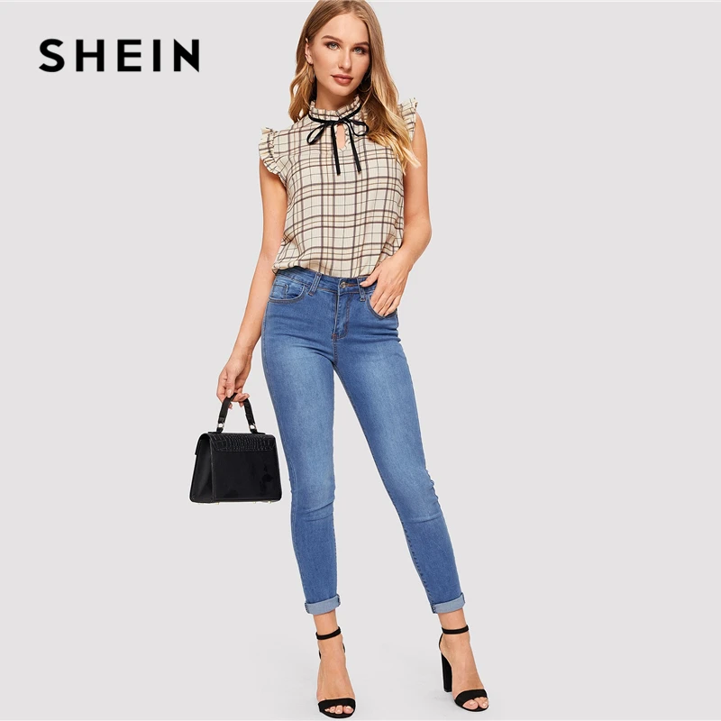 SHEIN Топ В Клетку С Коротким Рукавом Летние Топы Без Рукавов Женская Блузка