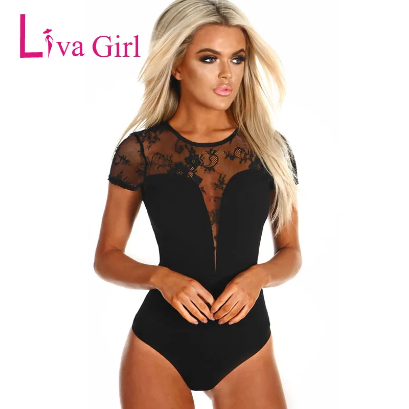 Сексуальное черное прозрачное Кружевное боди LIVA GIRL Женское с круглым вырезом и