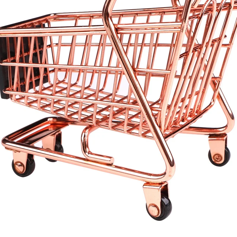 Мини двухслойная торговая модель тележки из кованого железа, тележка для супермаркета, металлическая корзина для хранения из розового золота