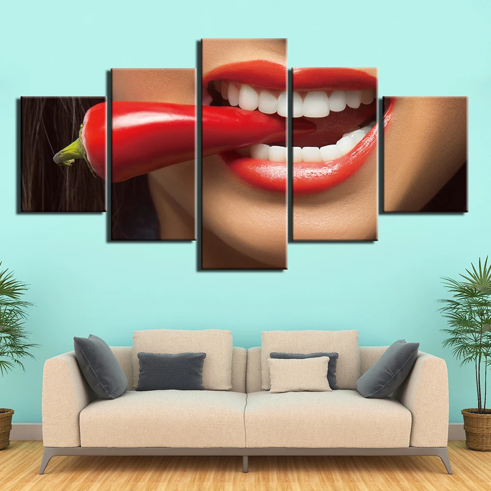 

Painting On Canvas Wall Art HD Prints 5 Pcs Mouth Bit of Chili sauce Posters Wall Pictures for Living Room Artwork Home Decor