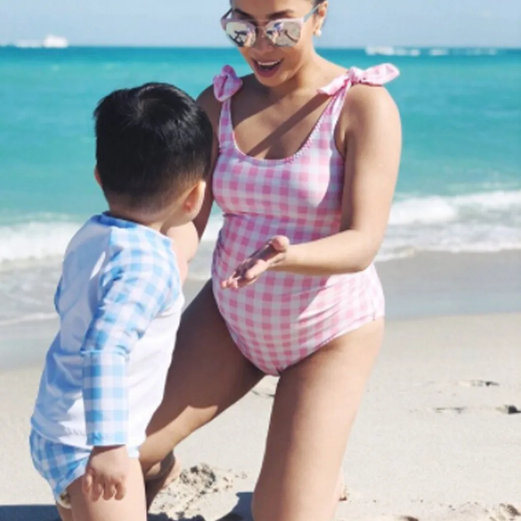 

Maternity Swimsuit Pink Lattice Lacing Bow Backless Print Sexy Lady Bikinis Swimwear Beachwear Pregnant Large Swimsuits 2019