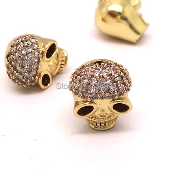 

New Gold plated Brass Micro Pave Zircon CZ Hollow Skull Head Beads Connectors Spacer Beads For DIY Bracelet Making Charms
