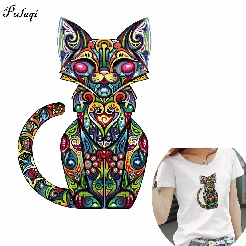 Pulaqi Punk Cat Patches For Clothes Iron On Colorful Animal Stickers A-level Washable New Heat Press Appliqued H | Дом и сад