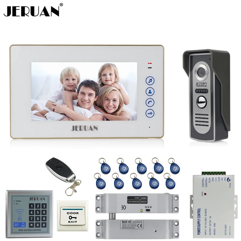 

JERUAN 7`` Video Door phone Intercom System kit 1 White Touch Key Monitor 700TVL IR Camera RFID Access Controller Remote Control