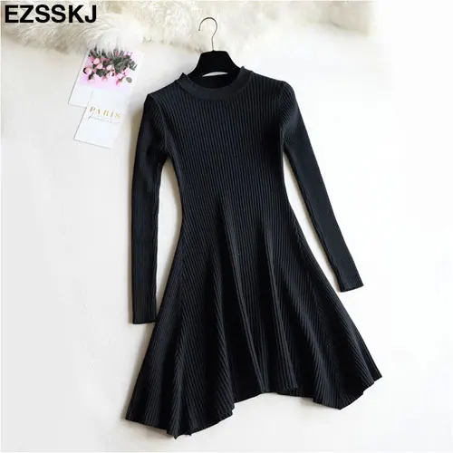 Шикарное осенне-зимнее черное платье-свитер, женское платье с круглым вырезом и длинным рукавом, плотное вязаное мини-платье, женское Короткое облегающее платье - Цвет: Черный