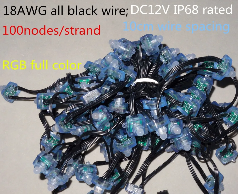 18AWG провода 100 шт./строка DC12V квадратный тип WS2811 адресно-rgb Smart LED пиксель узел, со всеми черный провод, IP68 Номинальная