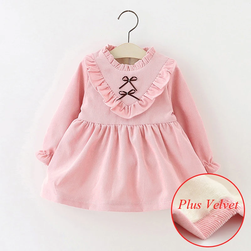 Зимняя одежда для малышей теплое плотное платье флисовые розовые платья для девочек, новые детские бархатные хлопковые топы принцессы на день рождения для детей 9 месяцев