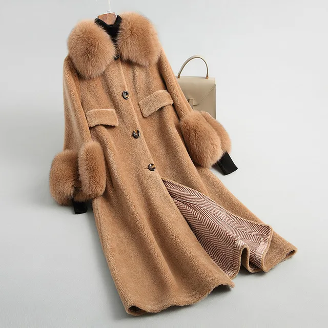 Женское пальто для стрижки овец, плотное теплое пальто из настоящей шерсти, женское длинное теплое пальто, новая зимняя куртка, Воротник из натурального Лисьего меха, верхняя одежда - Цвет: Desert camel