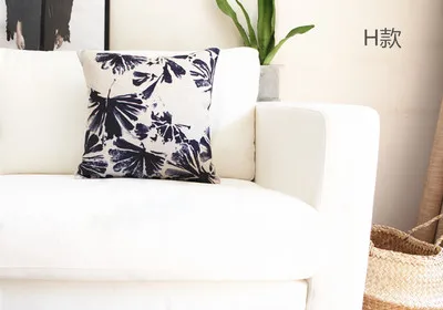 Деревенская синяя Акварельная Подушка с чернилами и листьями, льняная наволочка, диванные подушки, домашние декоративные подушки - Цвет: H