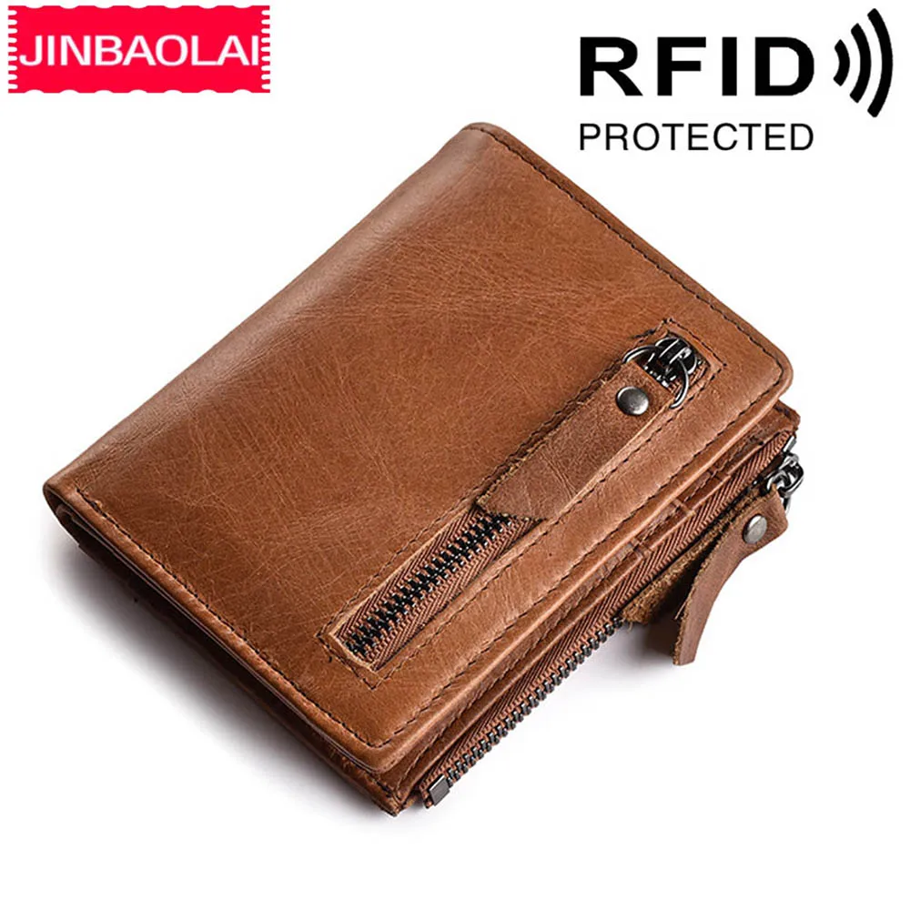 JINBAOLAI RFID мужские короткие кошельки из натуральной кожи на молнии, кошельки, держатель для карт, карман для монет, винтажные высококачественные Брендовые мужские кошельки