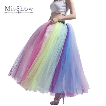 

MisShow New Arrival Colorful Beach Maxi Skirt 2019 Sexy Ladies Tulle Skirt Women's Long Floor Length Rainbow Tutu Skirt Women
