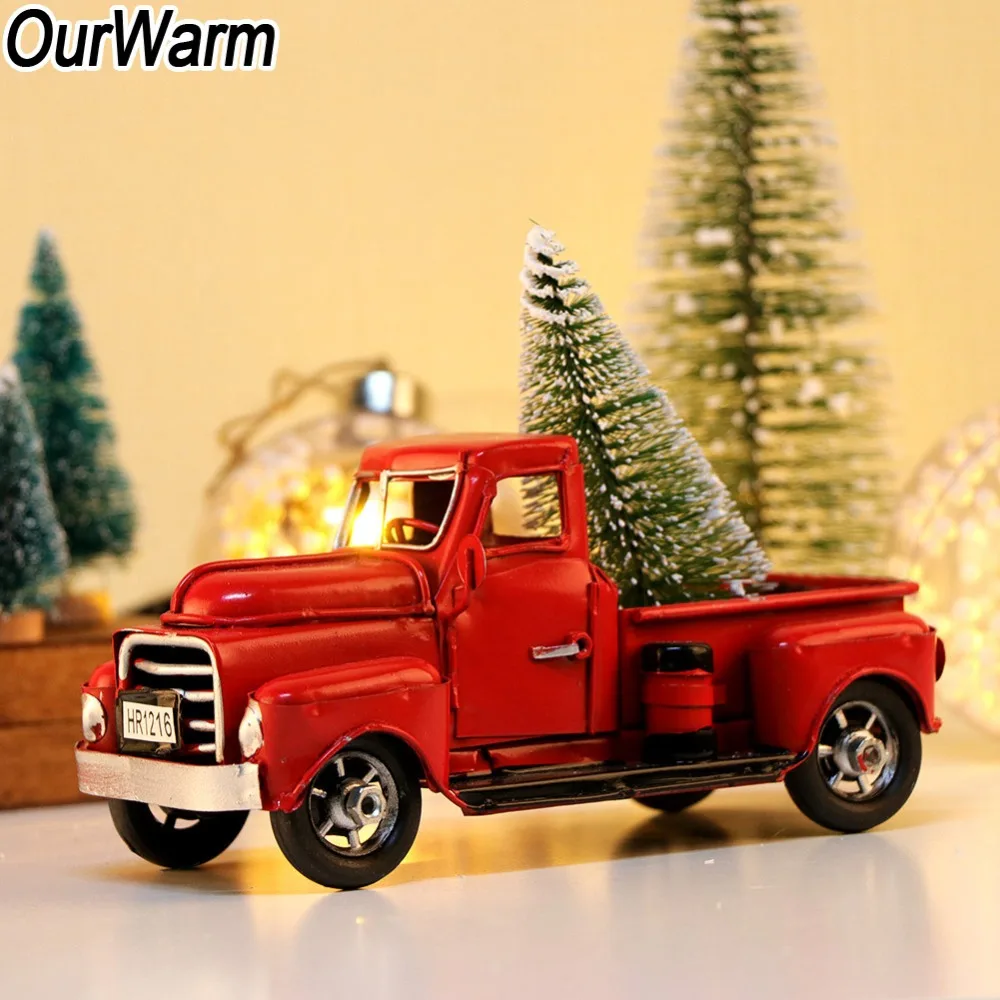OurWarm Cute Little Metal Christmas Red Truck Vintage Red Truck Christmas Tree Decor Handcrafted Kid Gift Table Top Decor Home
