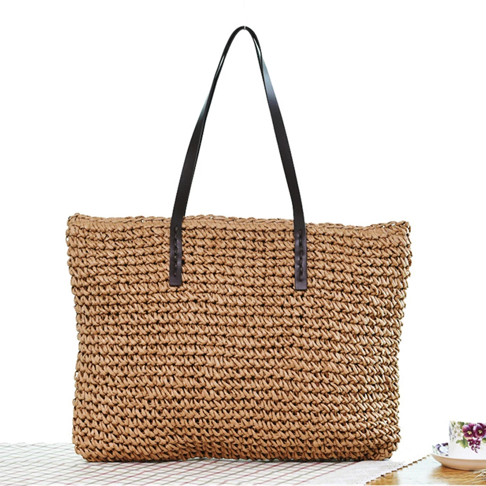 Летняя женская соломенная сумка в стиле бохо, повседневные сумки через плечо, одноцветные женские пляжные сумки