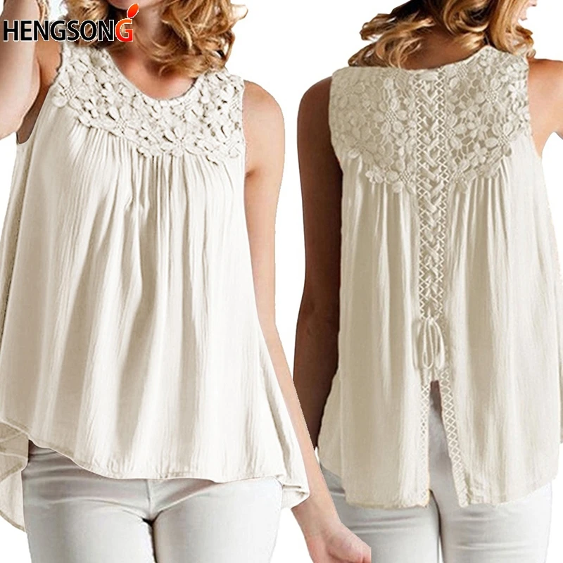 New Fashion Summer Sexy Women Tops Lace Stitching Sleeveless Blouse ...