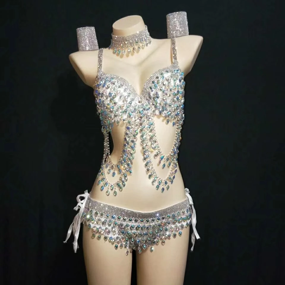 

Luxury Sparkly AB Color Crystals Bikini Sexy Prom Outfit Bra Short Shining Birthday Party Costume Women Evening Wear Clothing