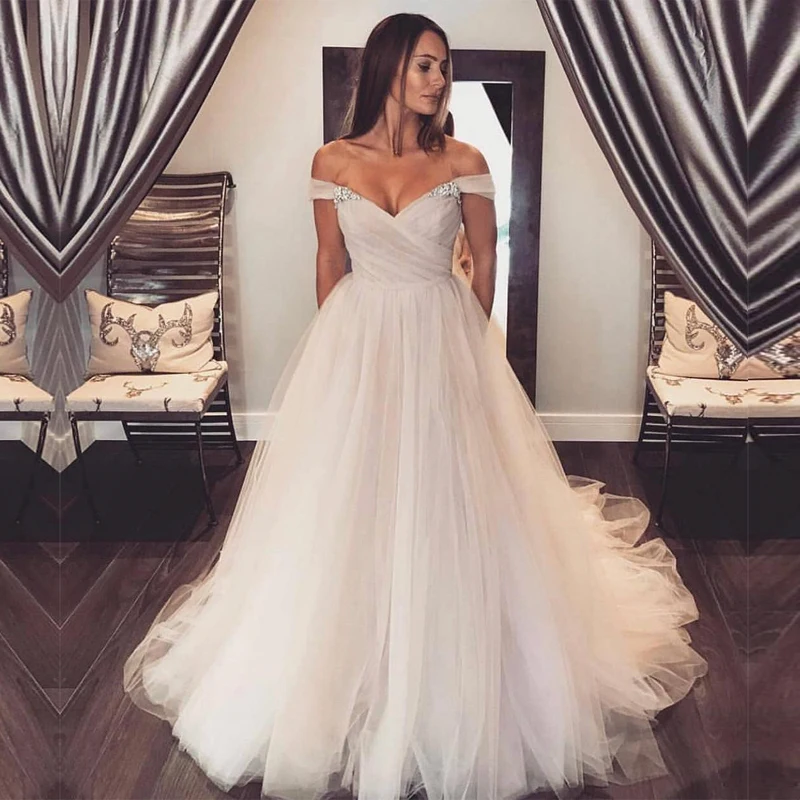 Vestido De Novia свадебное платье из тюля с открытыми плечами и бусинами, бальное платье со складками, свадебное платье, свадебное платье