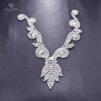 

wholesale 10pcs V-neck crystal rhinestones iron on neckline for clothing wedding dress sewing patches silver plating GN-262