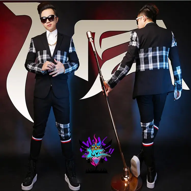 

New Nightclubs Male Singer jackets Men Wool Fashion Black And White Plaid Stitching Blazers Lapel Two Buttons Suits Costumes