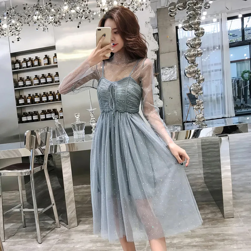 

2019 bronzing mesh dress women casual suspenders lace dress girls