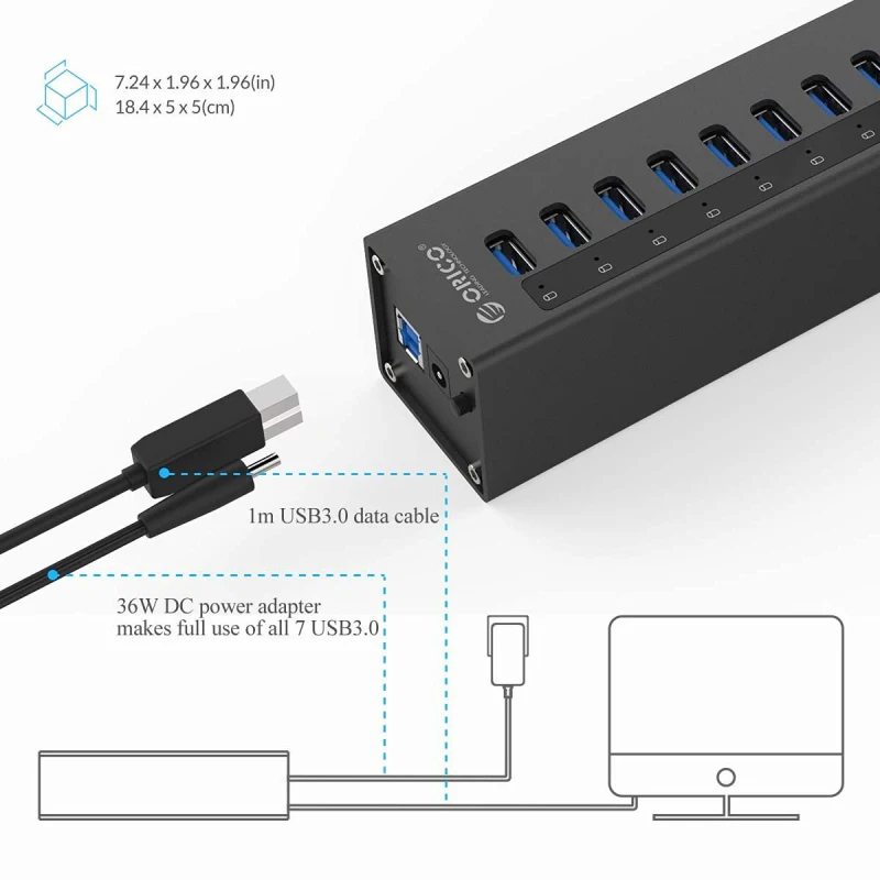 ORICO A3H10-BK Алюминиевый Супер Скоростной 10 портовый USB3.0 концентратор сплиттер с адаптером питания-черный