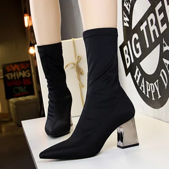 

2018 Spring Autumn Women Boots Stretch Fab Ankle Boots Women Boots Buckle Strap Basic Pointed T Square heel Party Women's Shoes