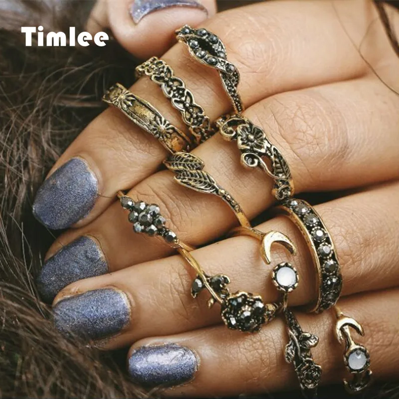 

Timlee R003 Vintage Rose Rhinestone Leaves Carved Totem Finger Rings Set ,11pcs/set Fashion Jewelry Wholesale HY