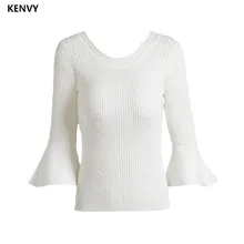 KENVY/женская модная Высококачественная Роскошная Весенняя эластичная тонкая трикотажная футболка с круглым вырезом и рукавами
