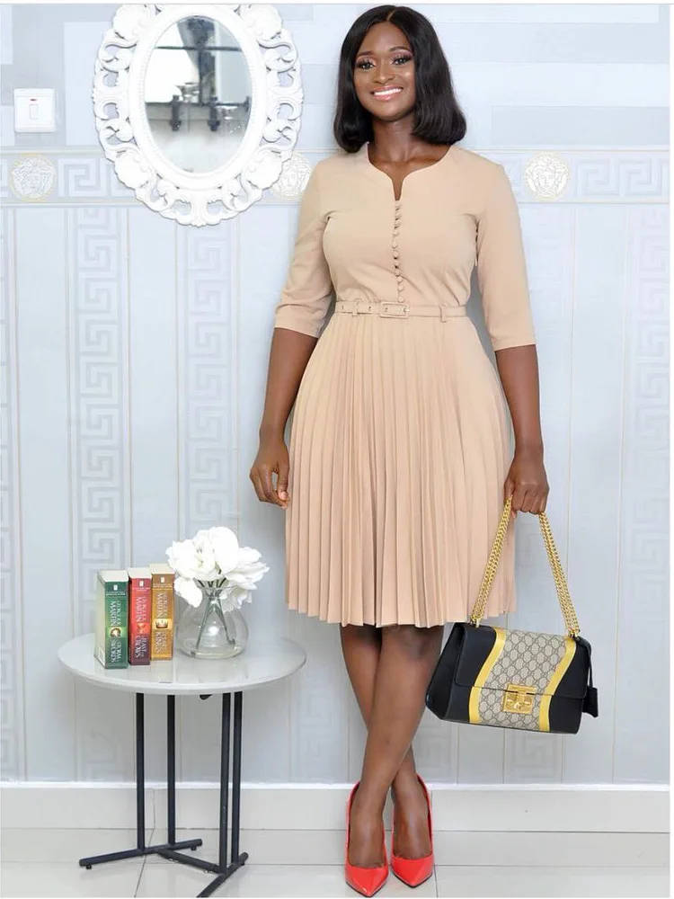 

Women v neck 1/2 sleeve tunic pleated midi dress with belt Robe femme apricot,navy blue,red women clothes 2019 Vestidos midi
