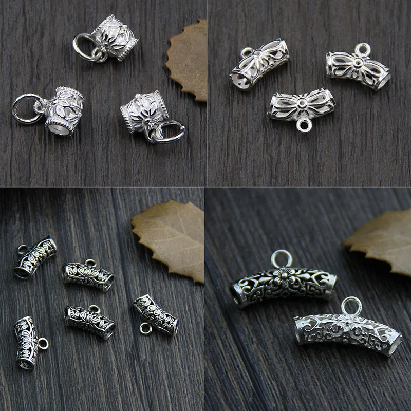 

100% 925 Sterling Silver Craft Tube Necklace Beads Bail Charms Hollow Out Metal Beads With Loop DIY Fine Jewelry Making Pendants